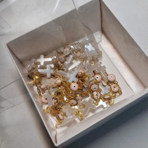 Martyrika baptism souvenirs pack of 30, gold with beads, heart, pink eye, cross