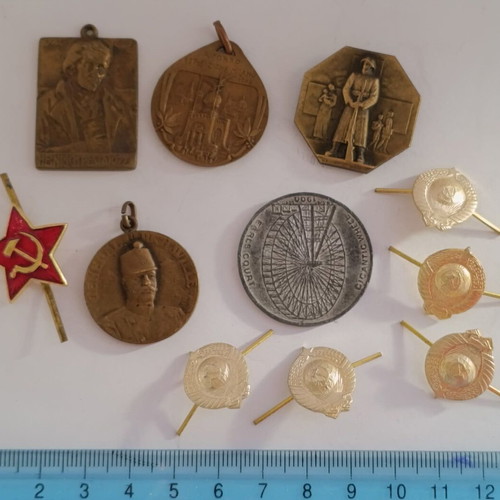 Old medals and pins set, used, 5 medals and 6 pins