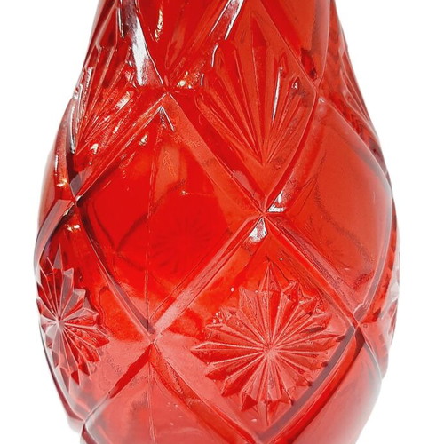 Vintage red glass bottle with decorative stopper, like new