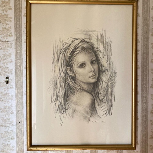 Giuseppe Tarantino 1974 lithograph painting used, Ritratto di Donna