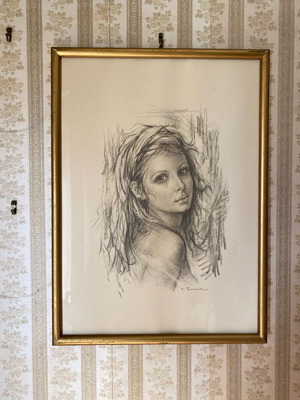 Giuseppe Tarantino 1974 lithograph painting used, Ritratto di Donna