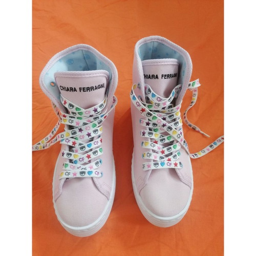 Chiara Ferragni pink canvas platform boots with decorative embroidery
