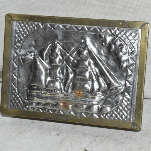 Vintage bronze box with embossed metal sailboat used, nautical decor