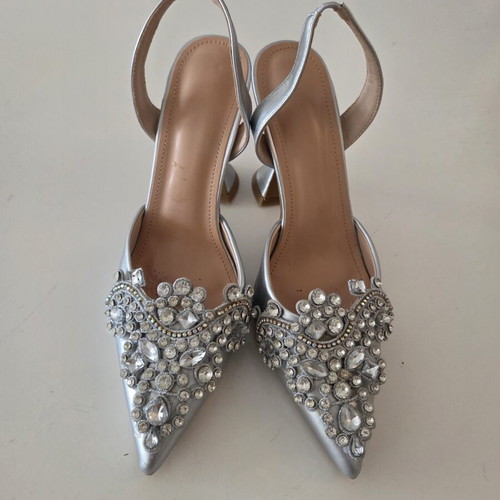 Silver Crystal Embellished Slingback Pumps like new