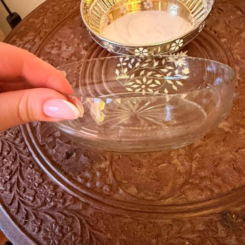 Vintage metal serving bowl with glass insert, like new, 1960s–1970s