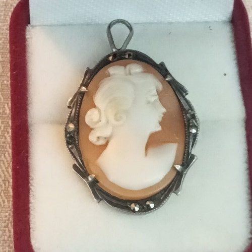 Cameo silver 800 brooch pendant with crystals, vintage 1940