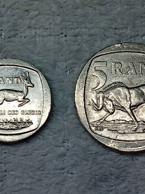South African coins used, set of 2, 1 Rand and 5 Rand