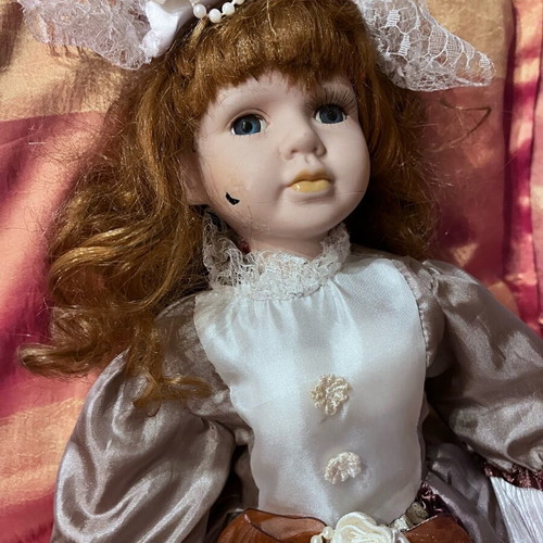 Porcelain doll vintage with detailed dress, 40cm