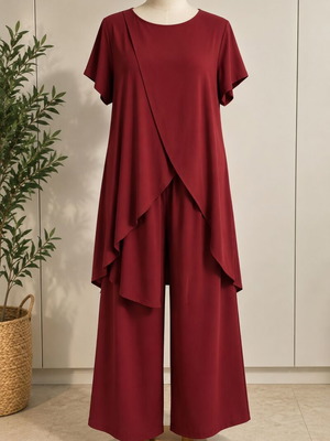 SHEIN Curve бордо комплект от 2 части с асиметрична туника и широки панталони, 1XL