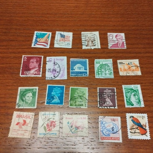 Foreign stamps used, 19 different from England, Spain, America, Brazil