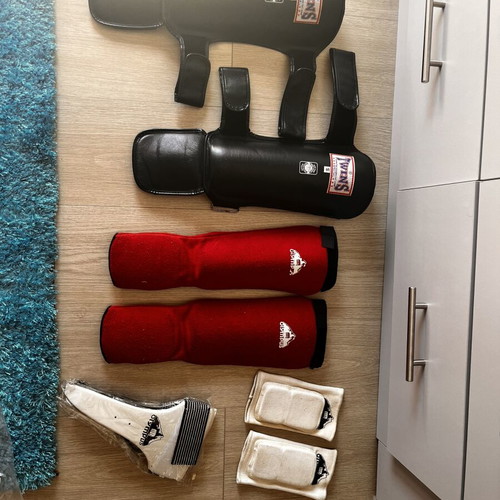 Twins Small Leather Shin Guards used with elbow pads and groin guard