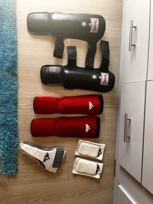 Twins Small Leather Shin Guards used with elbow pads and groin guard