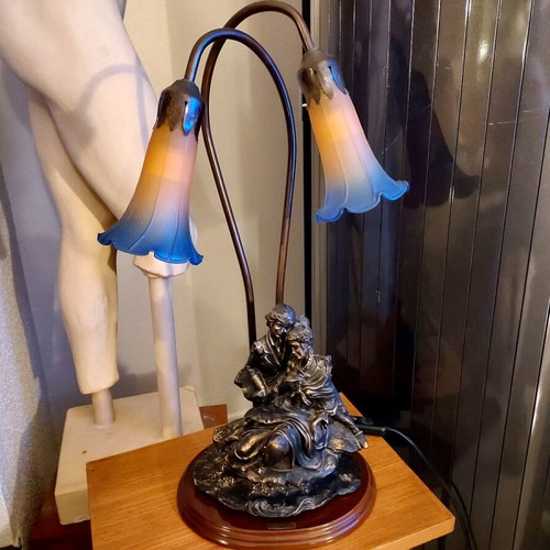 Armani vintage table lamp with bronze statue and tricolor glass like new