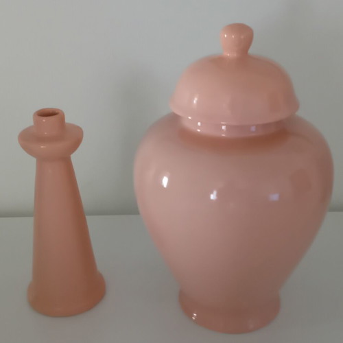 Vintage Chinese dusty pink salmon vase and candlestick set like new
