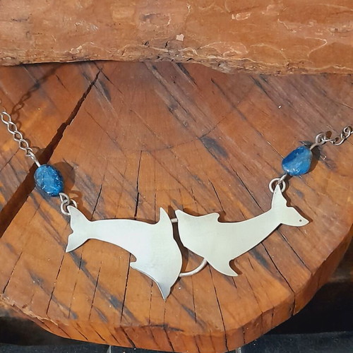 Dolphin pendant silver 925 with chain and semi-precious stones new