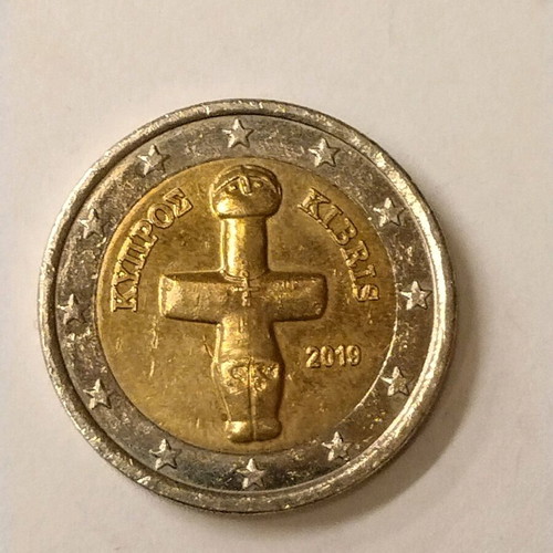 2 Euro coin used from Cyprus 2019 with cross-shaped idol