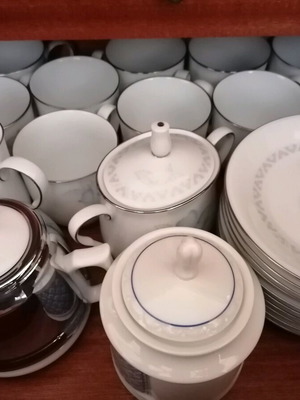 Porcelain dinnerware set with silver detail, complete, new