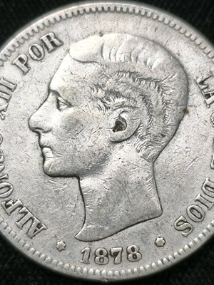 Spain 5 Pesetas 1878 silver coin used