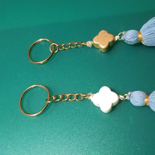 Set of 2 Keychains Light Blue Pom Pom, Wooden White and Gold Cross New, Handmade, for bag