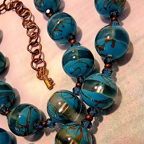 Boho Summer Choker Necklace with Large Striped Turquoise Glass Beads 44cm + 7cm