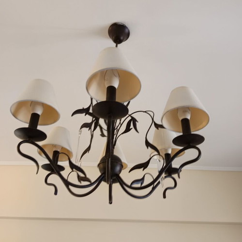 Chandelier with six ivory lampshades, rustic metal and crystal leaves, like new