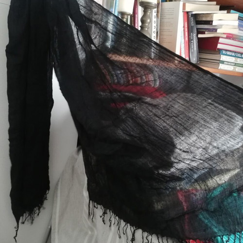 Black scarf with fringes used, airy, length about 175 cm