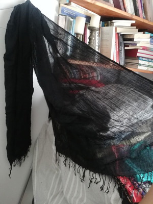 Black scarf with fringes used, airy, length about 175 cm
