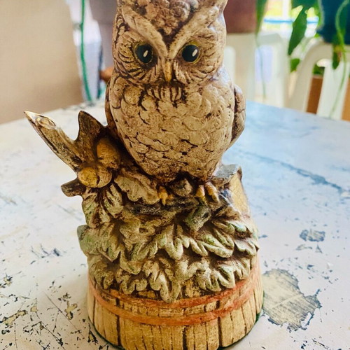 Handmade ceramic decorative owls and tree branch with squirrel and bird new