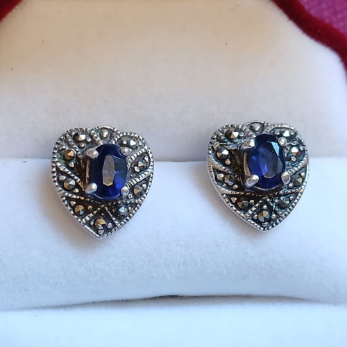 Silver 925 earrings with sapphire and marcasites, like new, vintage
