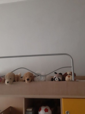 Bunk bed like new with drawer, shelf, nightstand, hanger, and pouf
