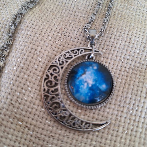 Moon necklace new, silver and blue with universe design