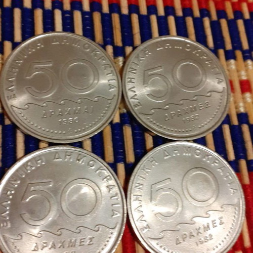 50 Drachma Coins used, pack of 4, 1982