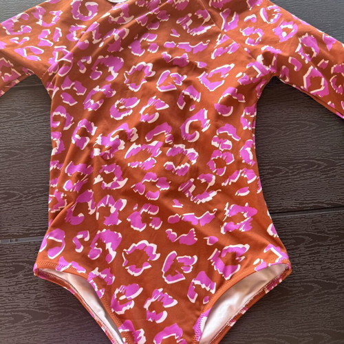 Sun of a Beach one-piece swimsuit new, long sleeve, zipper back, brown and pink