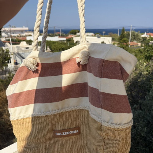 Calzedonia beach shoulder bag, boho summer style, striped beige and brick