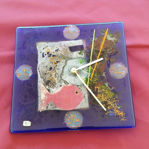 Wall clock handmade with blown glass and fish design, new