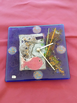 Wall clock handmade with blown glass and fish design, new