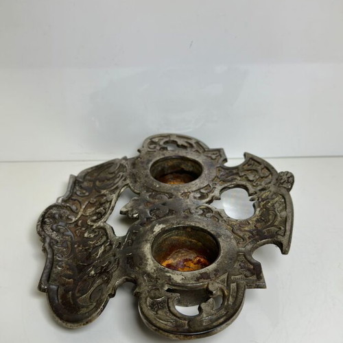 Antique double iron desk inkwell with baroque decoration