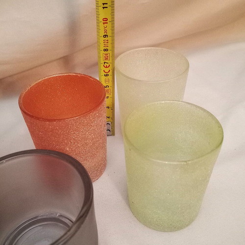 Glass candle holders used, set of 6, various colors with glitter