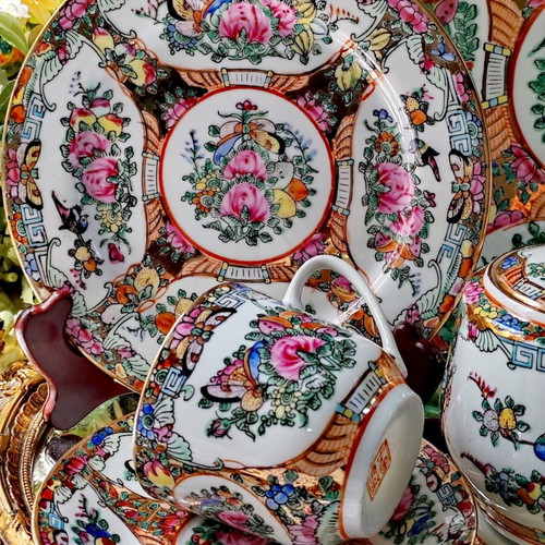 Vintage Chinese Rose Medallion porcelain tea set, handpainted
