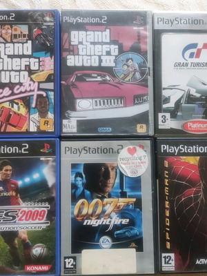 PS2 games like new, including Vice City, GTA 3, Gran Turismo 4, PES 2009, 007 Nightfire, Spiderman 2