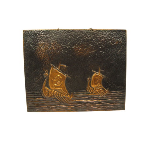 Copper panel with Viking ships like new, vintage wall decoration