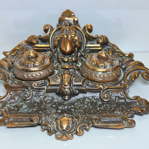 Victorian Baroque style double inkwell, brass with copper plating