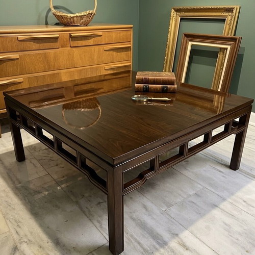 Vintage coffee table with glass used, solid wood 100x100