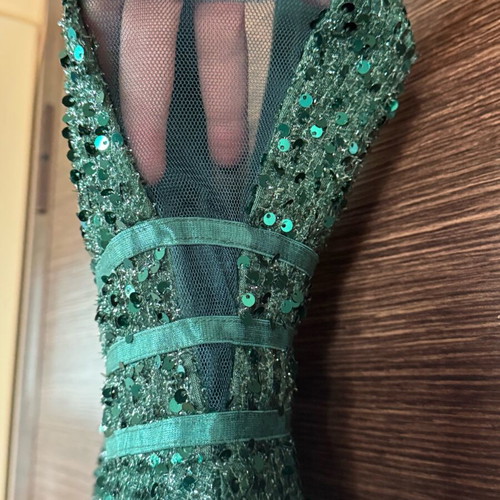 Evening dress dark green with sequins and transparency size L new unworn