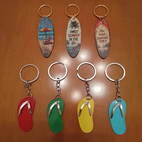 Summer keychains set with surfboard and flip-flop designs