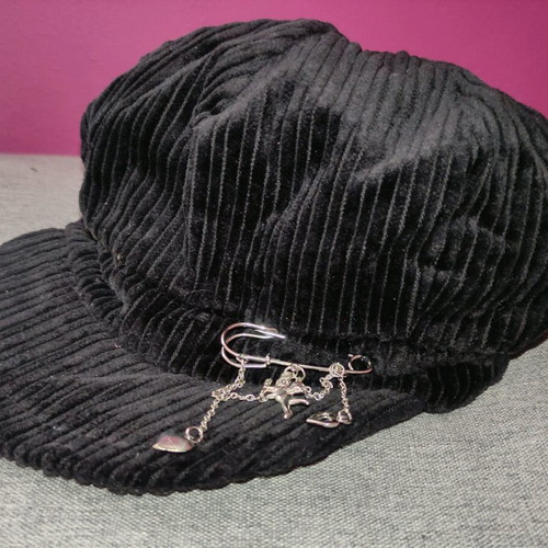 Black corduroy cap with silver safety pin new