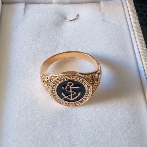 Men's Signet Ring with Nautical Anchor Design, New, Gold Tone