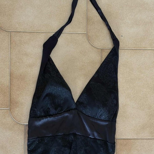 Black satin top with pattern and halter neck tie, size M