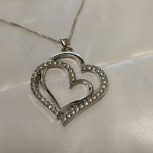 Heart necklace and earrings set with sparkling zircon, silver color, new