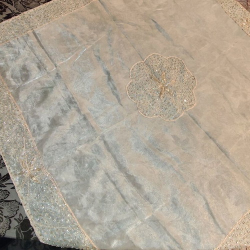 Tablecloth used, gold organza silk from India hand embroidered